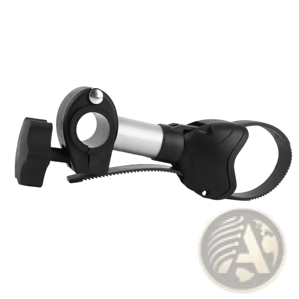 Black and silver quick release rv bike rack strap frame holder with serrated clamp for secure handlebar mounting
