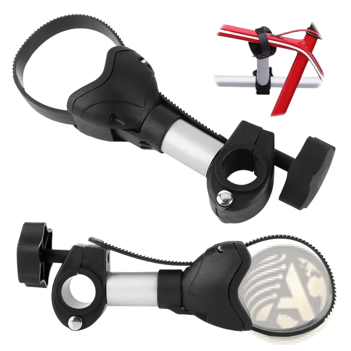 Black and silver quick release RV bike rack strap frame holder with adjustable clamp and serrated strap on handlebar mount