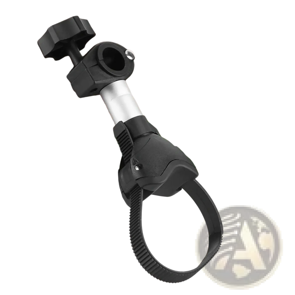 Black and silver bicycle handlebar mount with adjustable clamp and knob for quick release rv bike rack strap frame holder