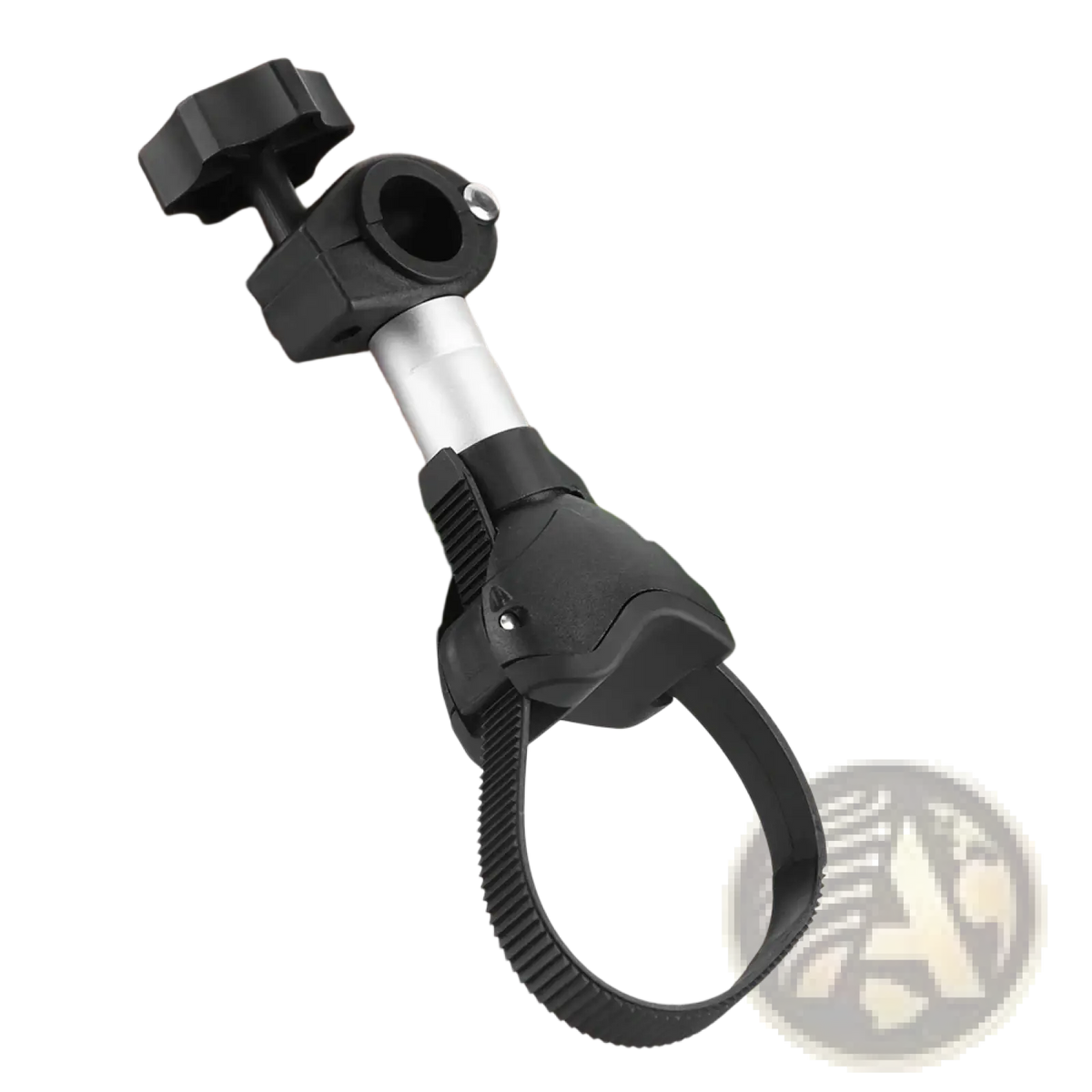 Black and silver bicycle handlebar mount with adjustable clamp and knob for quick release rv bike rack strap frame holder