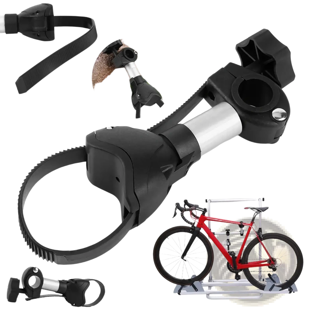 Black and silver quick release rv bike rack strap frame holder with rubberized grip for secure bicycle mounting