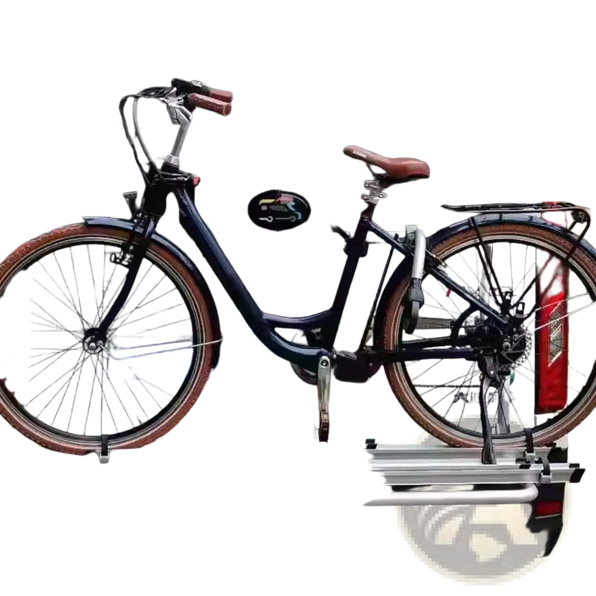 Dark blue bicycle with brown handlebars and saddle mounted on silver quick release rv bike rack strap frame holder at back of van