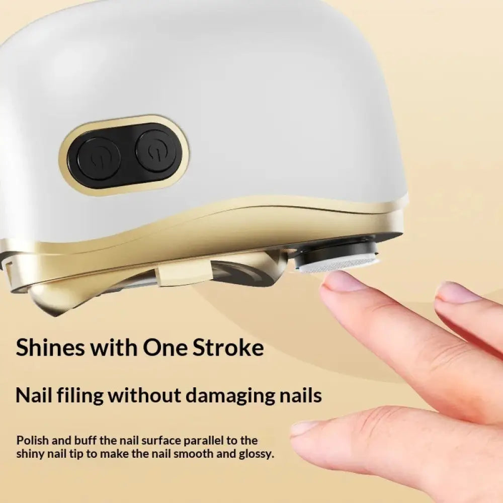 Safe rechargeable electric nail clipper and trimmer featuring a white and gold electric nail file with two black control buttons