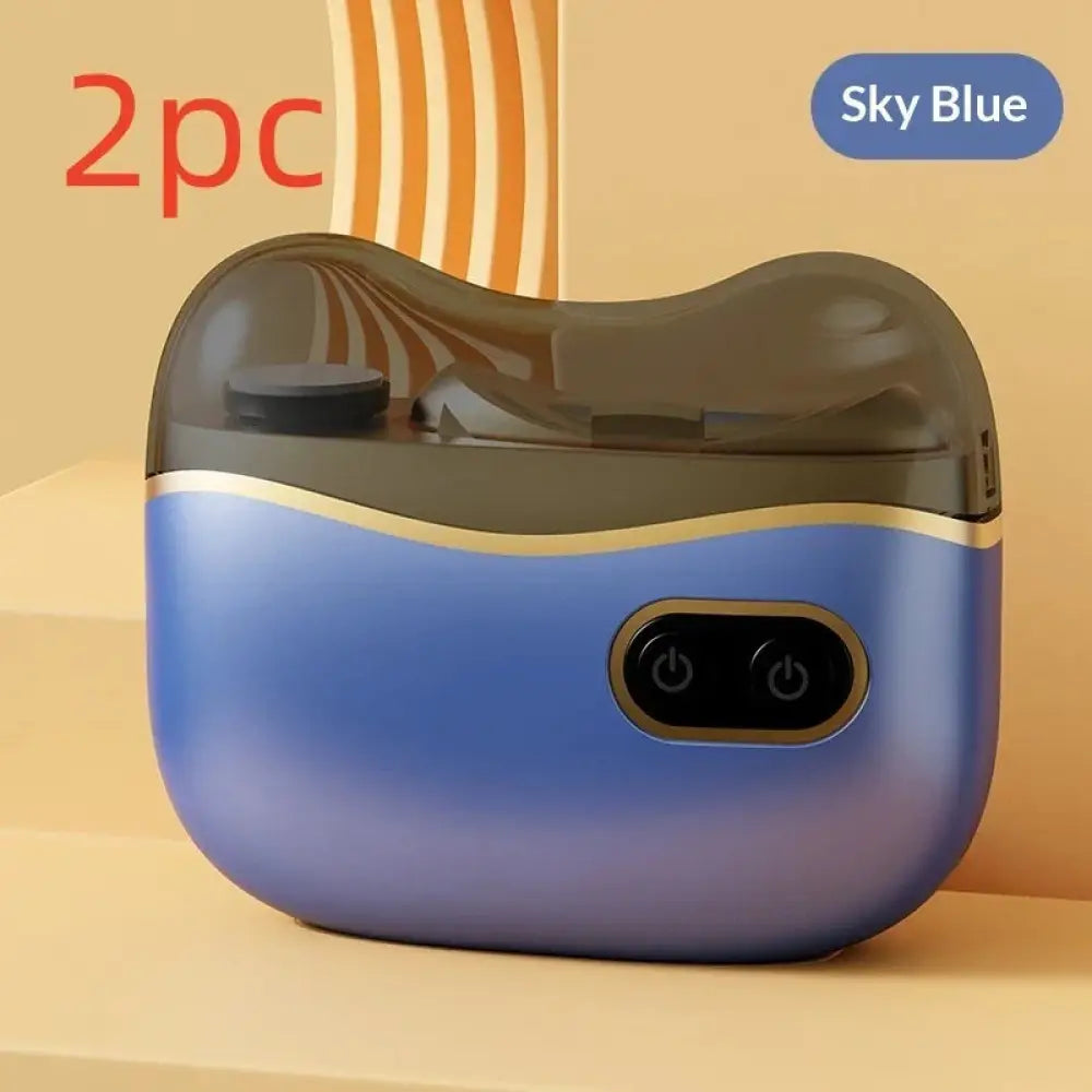 Safe rechargeable electric nail clipper and trimmer with sky blue and dark gray wireless earbud charging case