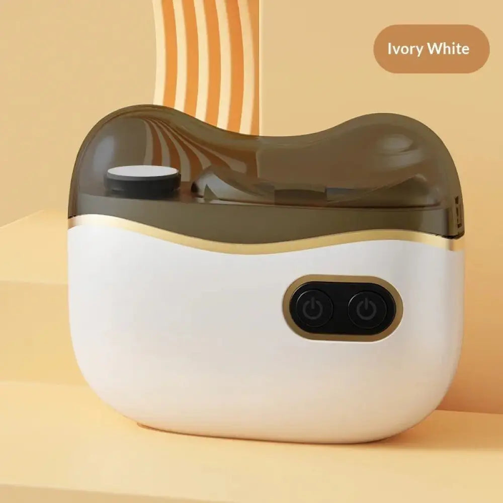 Ivory white and translucent brown plastic rechargeable electric nail clipper and trimmer with gold trim