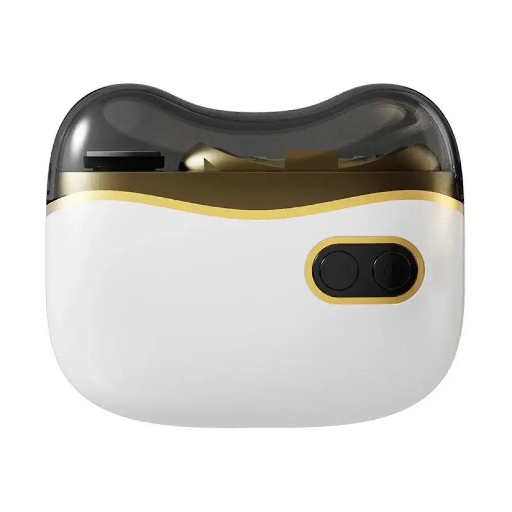 White and gold wireless earbud charging case with sleek rounded design for safe rechargeable electric nail clipper and trimmer