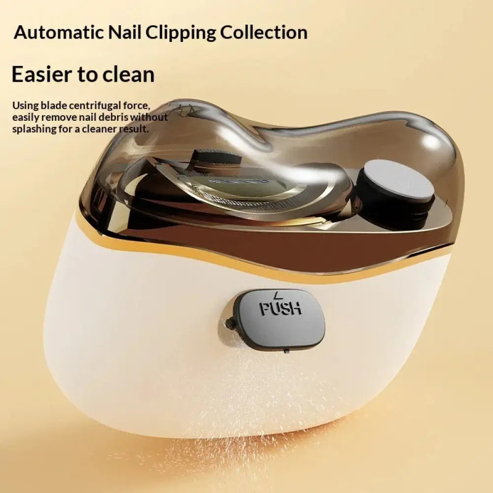 Safe rechargeable electric nail clipper and trimmer with a sleek white and metallic gold body and integrated blade system