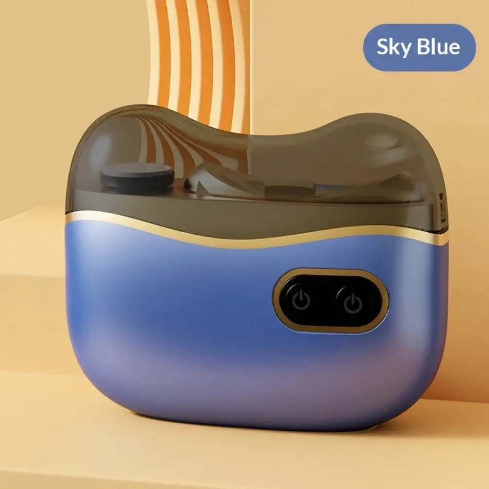 Sky blue safe rechargeable electric nail clipper case with translucent gray top and gold accent trim for trimming