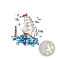 A white paper quilled sailing ship with red flag and gold trim on blue waves next to a striped lighthouse in a quilling art diy kit