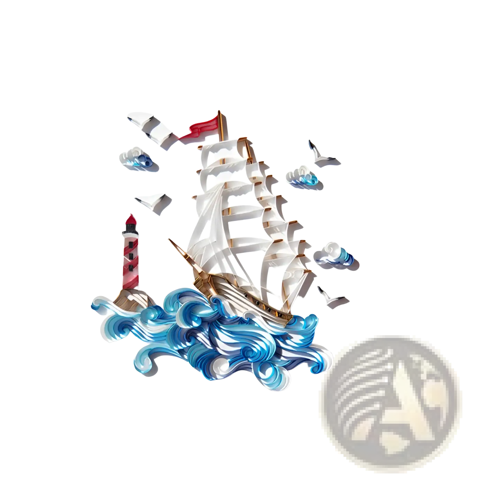 A white paper quilled sailing ship with red flag and gold trim on blue waves next to a striped lighthouse in a quilling art diy kit
