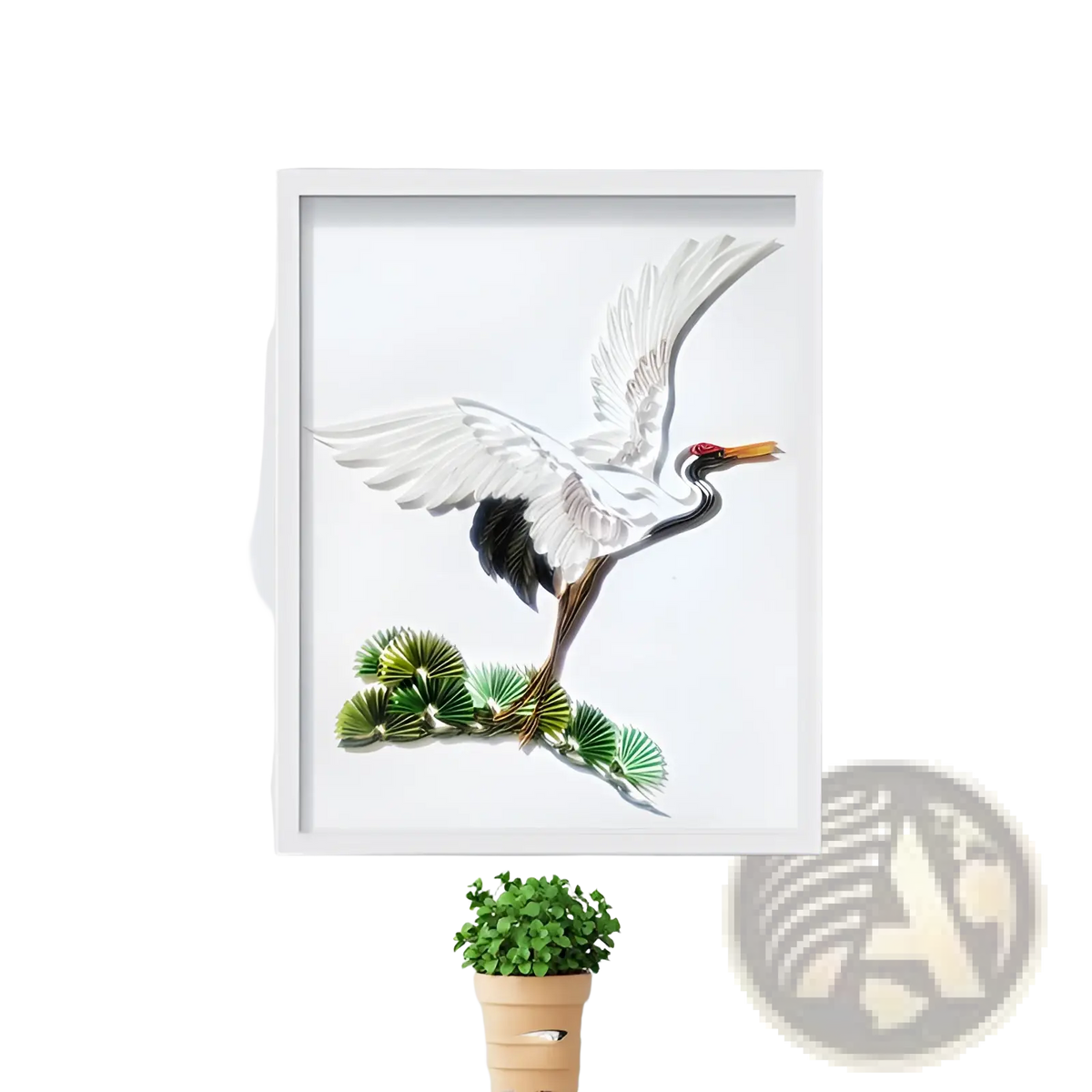White framed 3d paper quilling art featuring a flying crane with black and white feathers on green foliage decoration