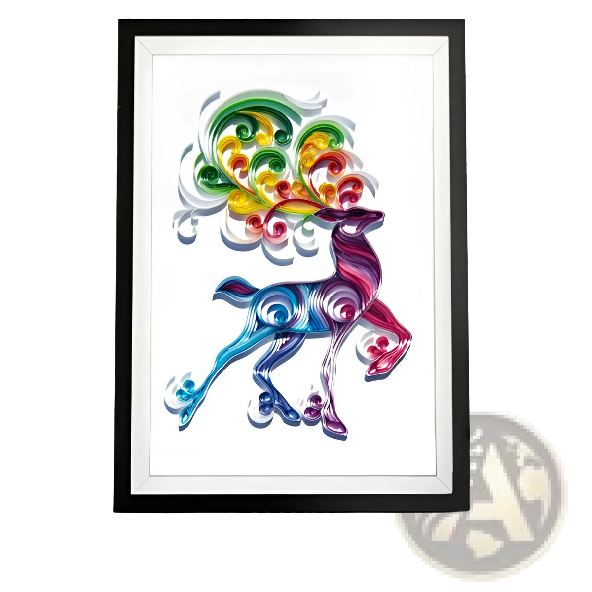 A vibrant rainbow-colored quilled deer artwork in a sleek black frame for quilling art animal diy paper craft decoration