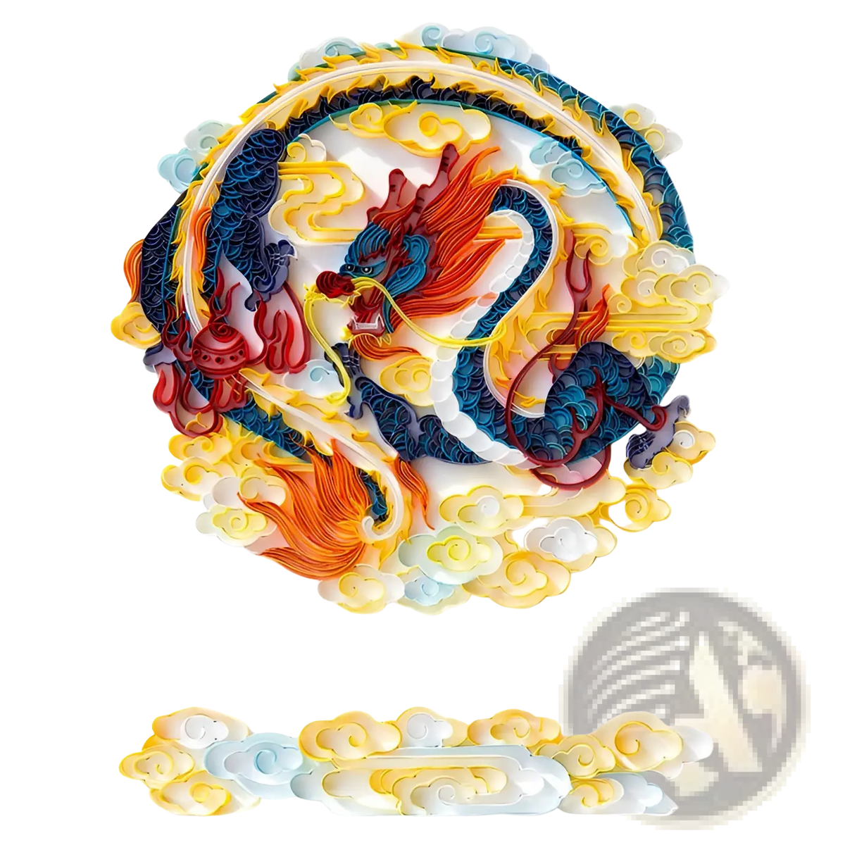 Vibrant quilling art animal diy paper craft kit featuring intricately quilled dragon with blue red orange and yellow clouds
