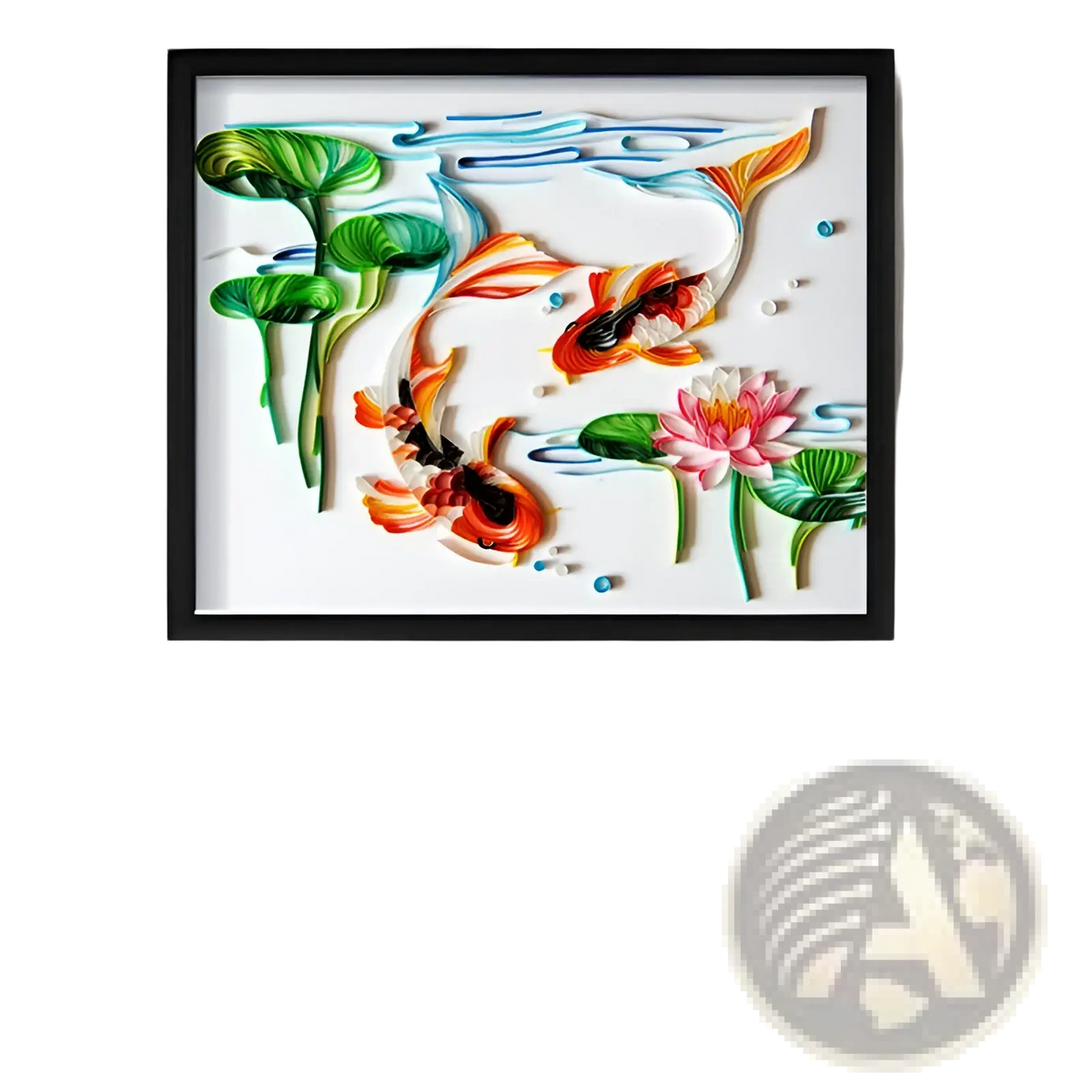 A vibrant quilling art animal diy paper craft kit featuring orange and black koi fish with lotus leaves and a pink flower framed in black