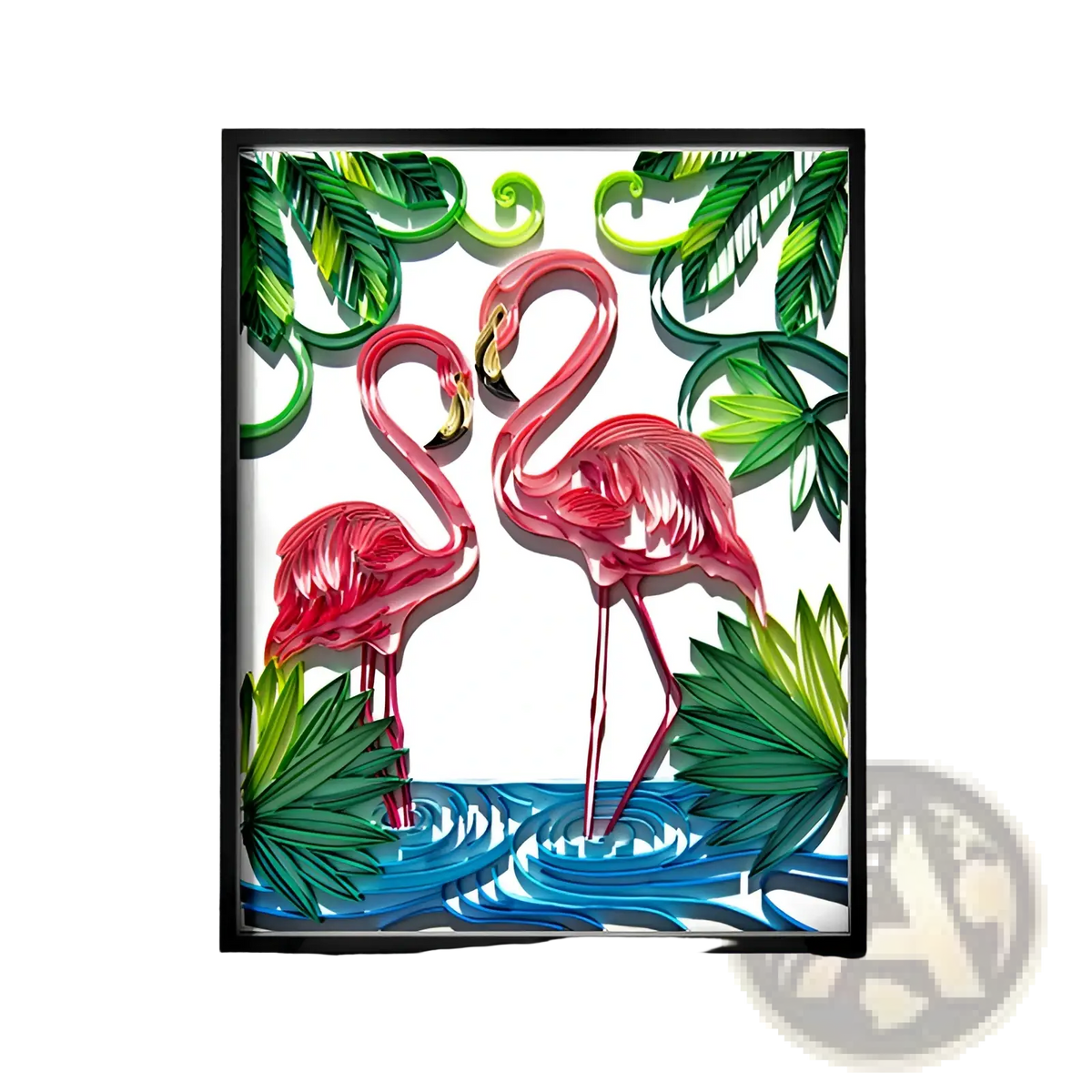 A vibrant pink flamingo and green leaf quilling art animal diy paper craft kit decoration in a black frame