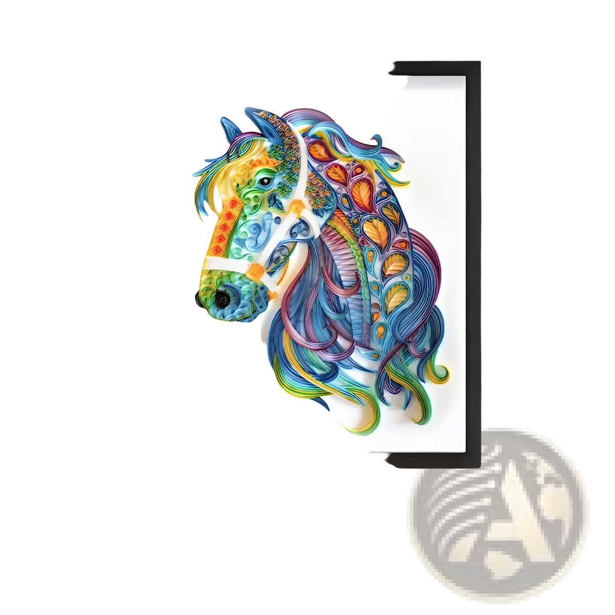 A vibrant quilling art animal diy paper craft kit featuring a rainbow horse portrait with floral motifs in a black frame