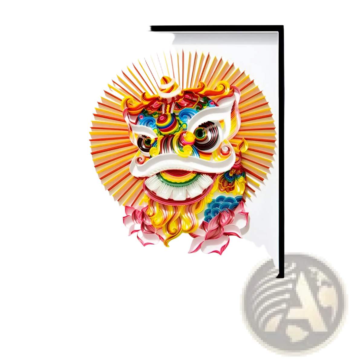 A vibrant quilling art animal diy paper craft kit featuring an intricately crafted lion dance mask in a black frame
