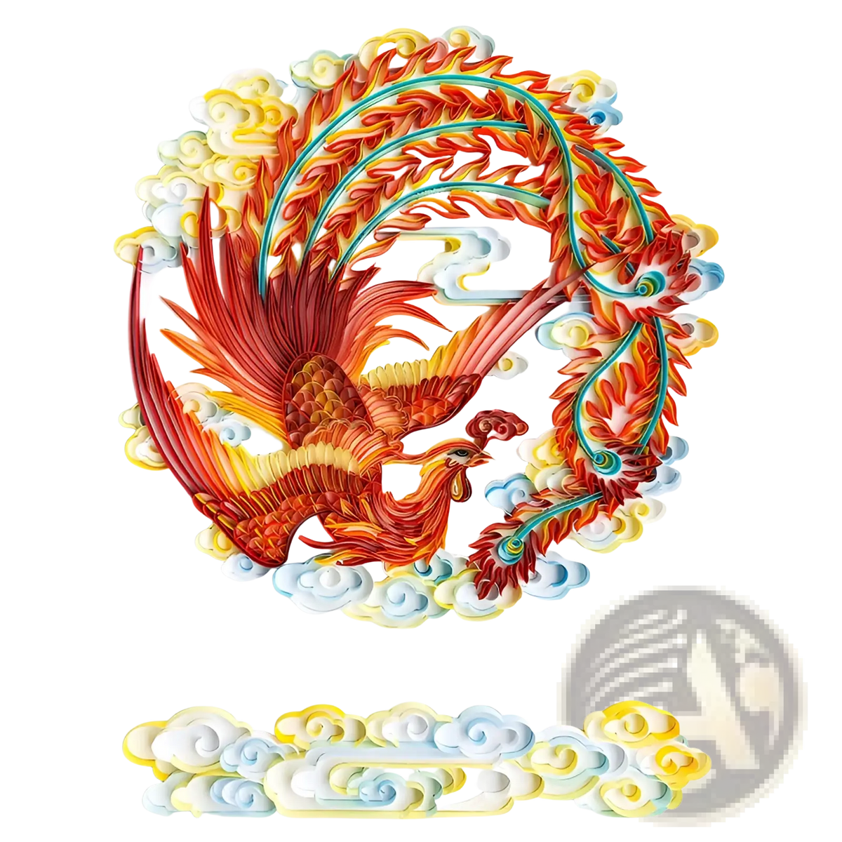 Vibrant quilled phoenix paper craft kit with fiery red orange yellow feathers and swirling soft blue white clouds decoration