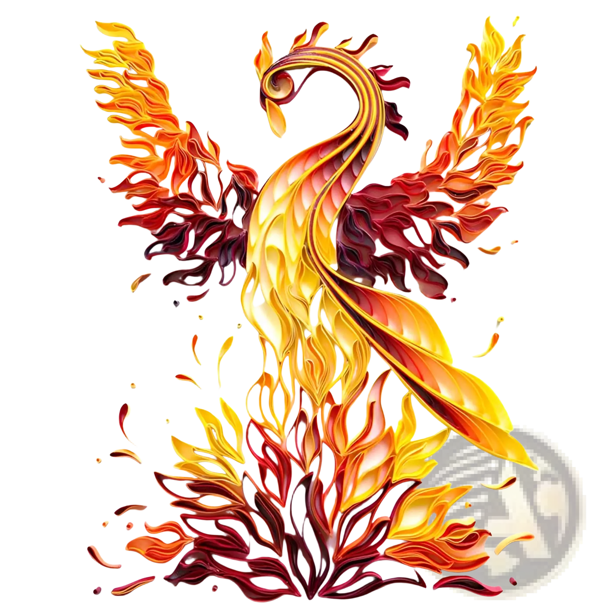 A vibrant flame-inspired phoenix quilling art crafted from layered yellow orange and deep red paper for decoration