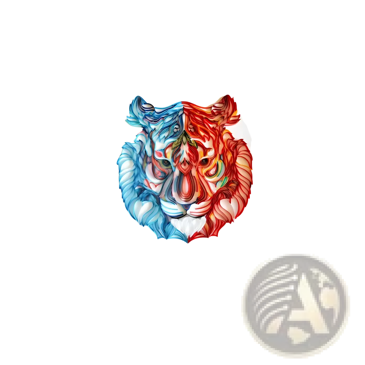 A vibrant two-toned quilled tiger portrait in a white frame for quilling art animal DIY paper craft kit decoration