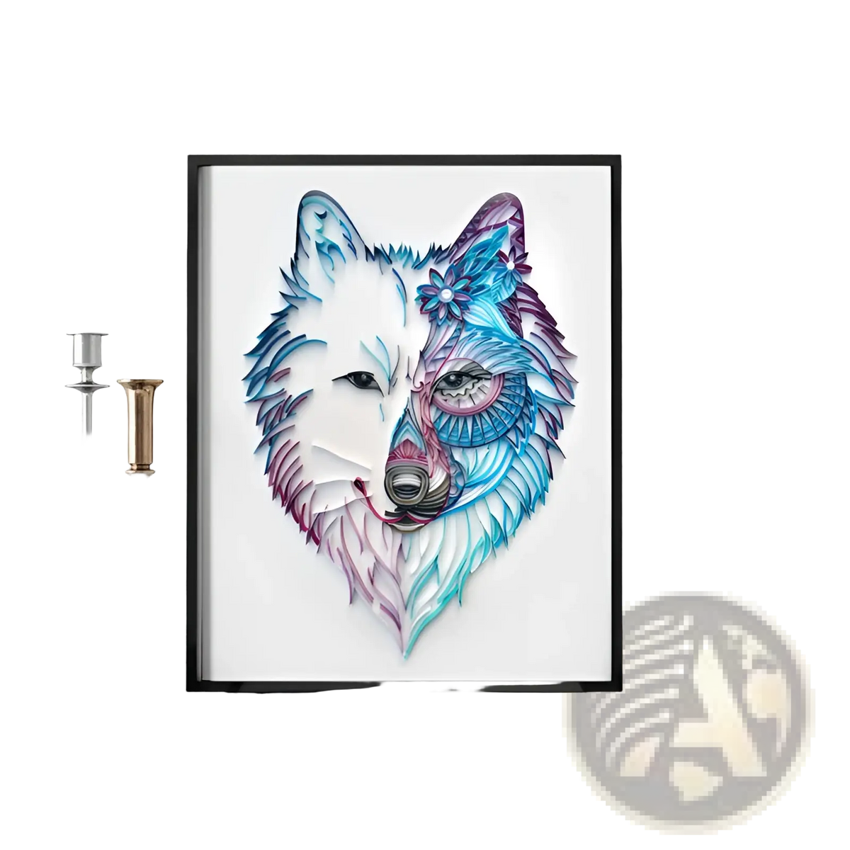 A framed quilling art animal diy paper craft kit featuring a stylized wolf head in blue purple and white shades