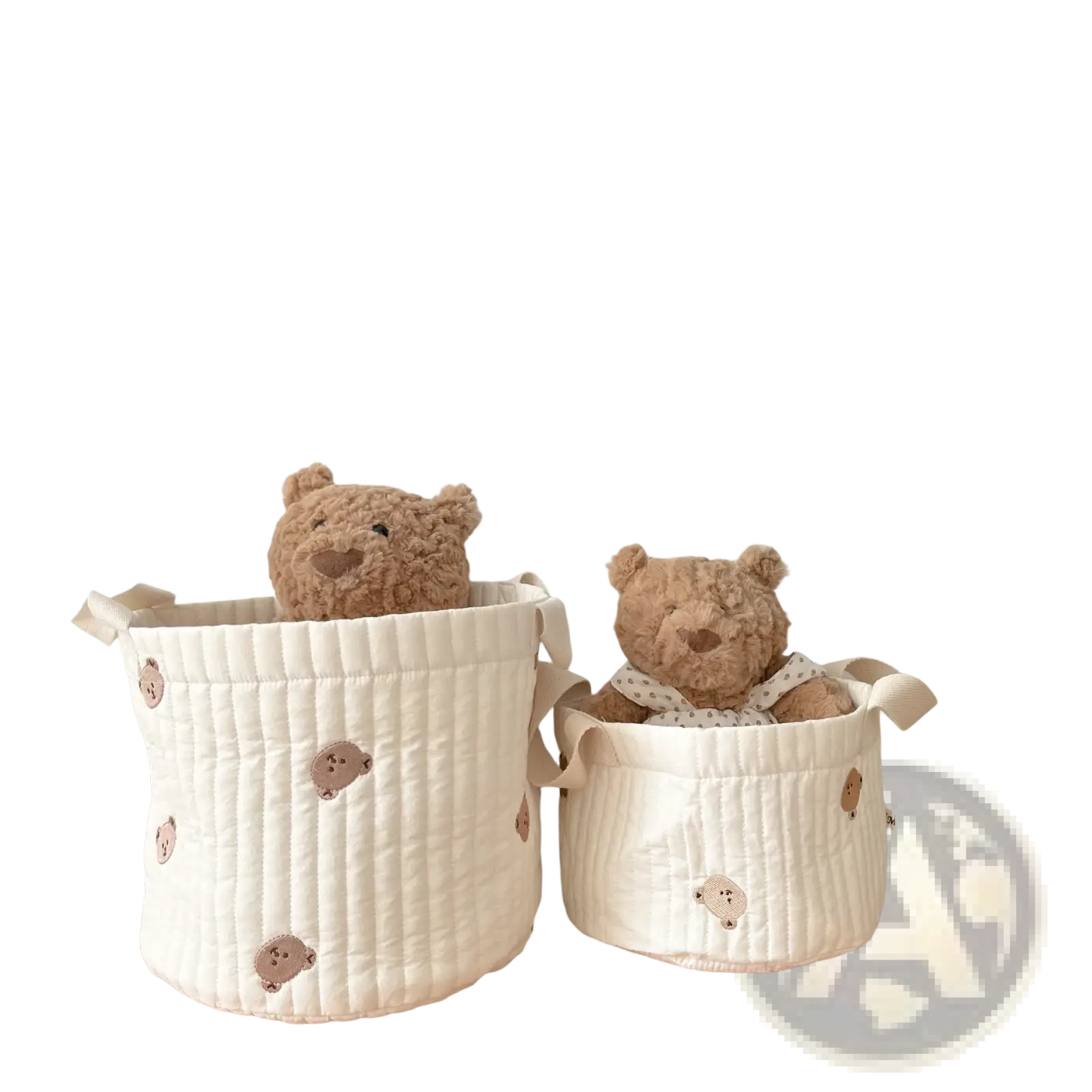 Cream-colored quilted baby diaper storage basket organizer with embroidered teddy bear appliqués and fabric handles