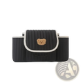 Black quilted car seat organizer with beige embroidered bear face and white trim for stroller use