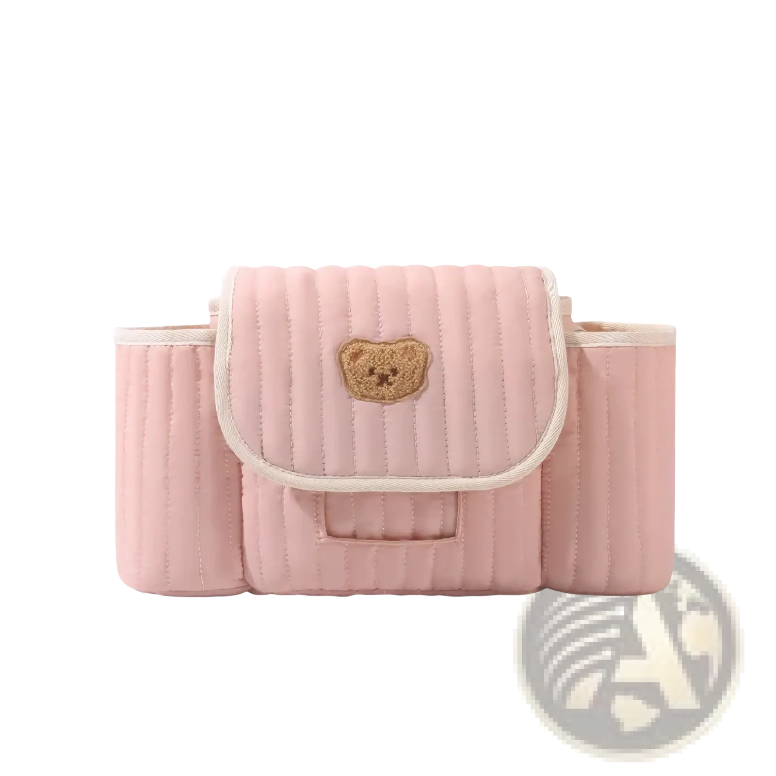 Pink quilted baby changing pad with tan embroidered bear face on flap in quilted bear stroller organizer bag