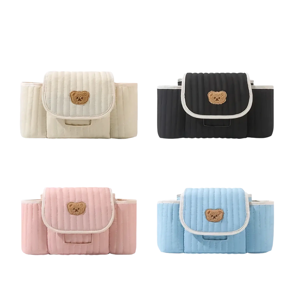 Quilted bear stroller organizer bag in cream black pink or sky blue with a small embroidered bear on the flap