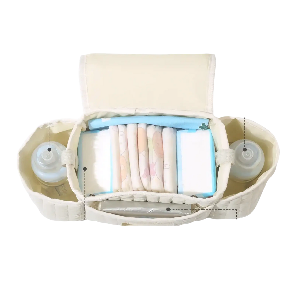 Beige quilted bear stroller organizer bag with compartments for bottles diapers and wipes for baby essentials