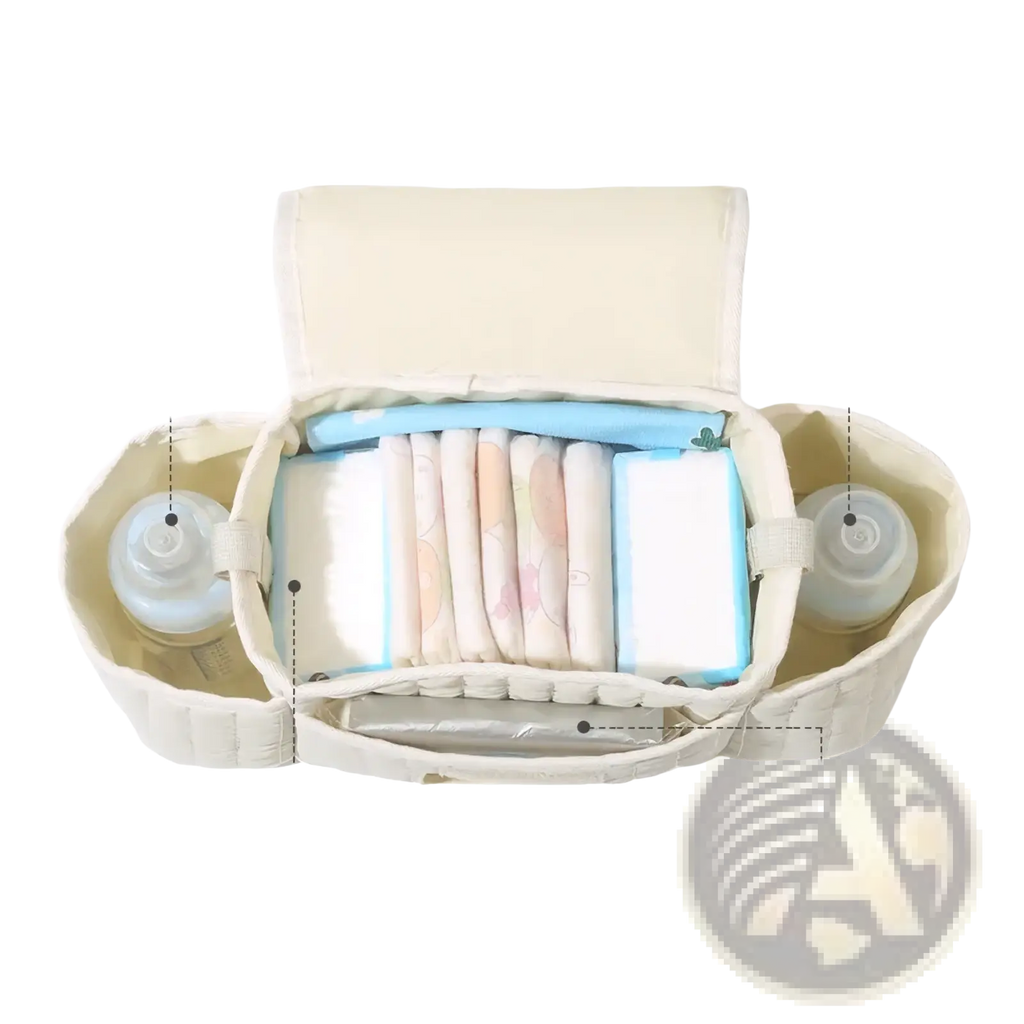 Beige quilted bear stroller organizer bag with compartments for bottles diapers and wipes for baby essentials