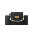 Black quilted car seat organizer with beige embroidered bear face and white trim for stroller use