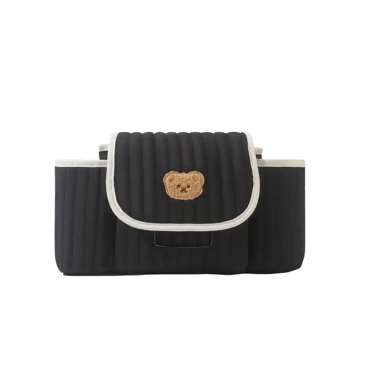 Black quilted car seat organizer with beige embroidered bear face and white trim for stroller use