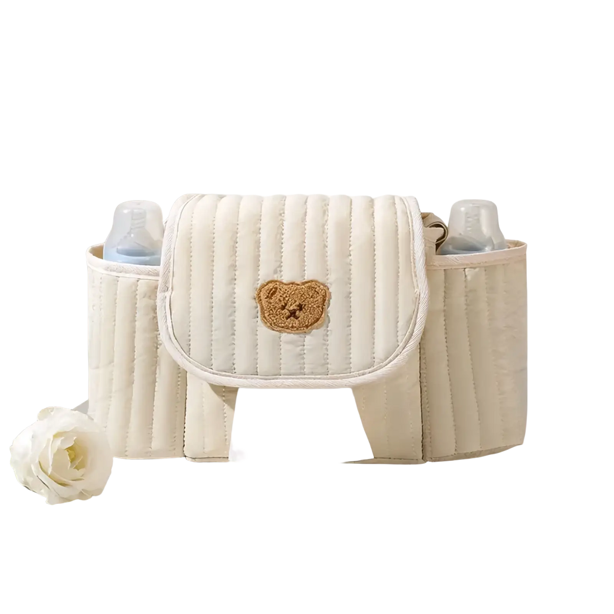 Cream-colored quilted bear stroller organizer bag with teddy bear appliqué and front pull-out tissue slot