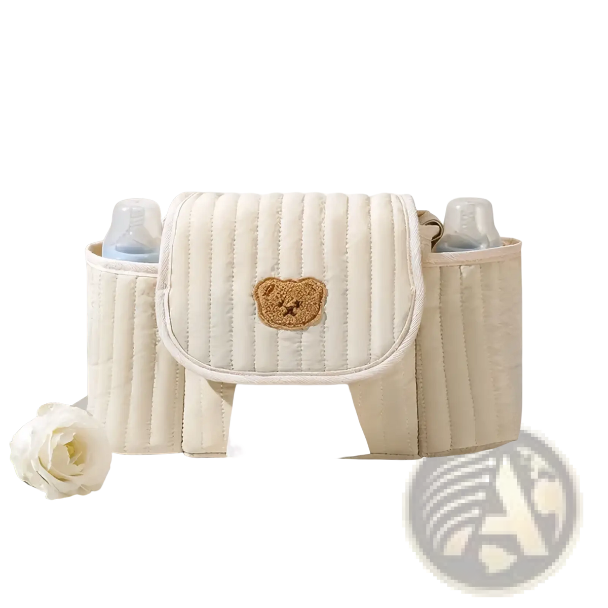 Cream-colored quilted bear stroller organizer bag with teddy bear appliqué and front pull-out tissue slot