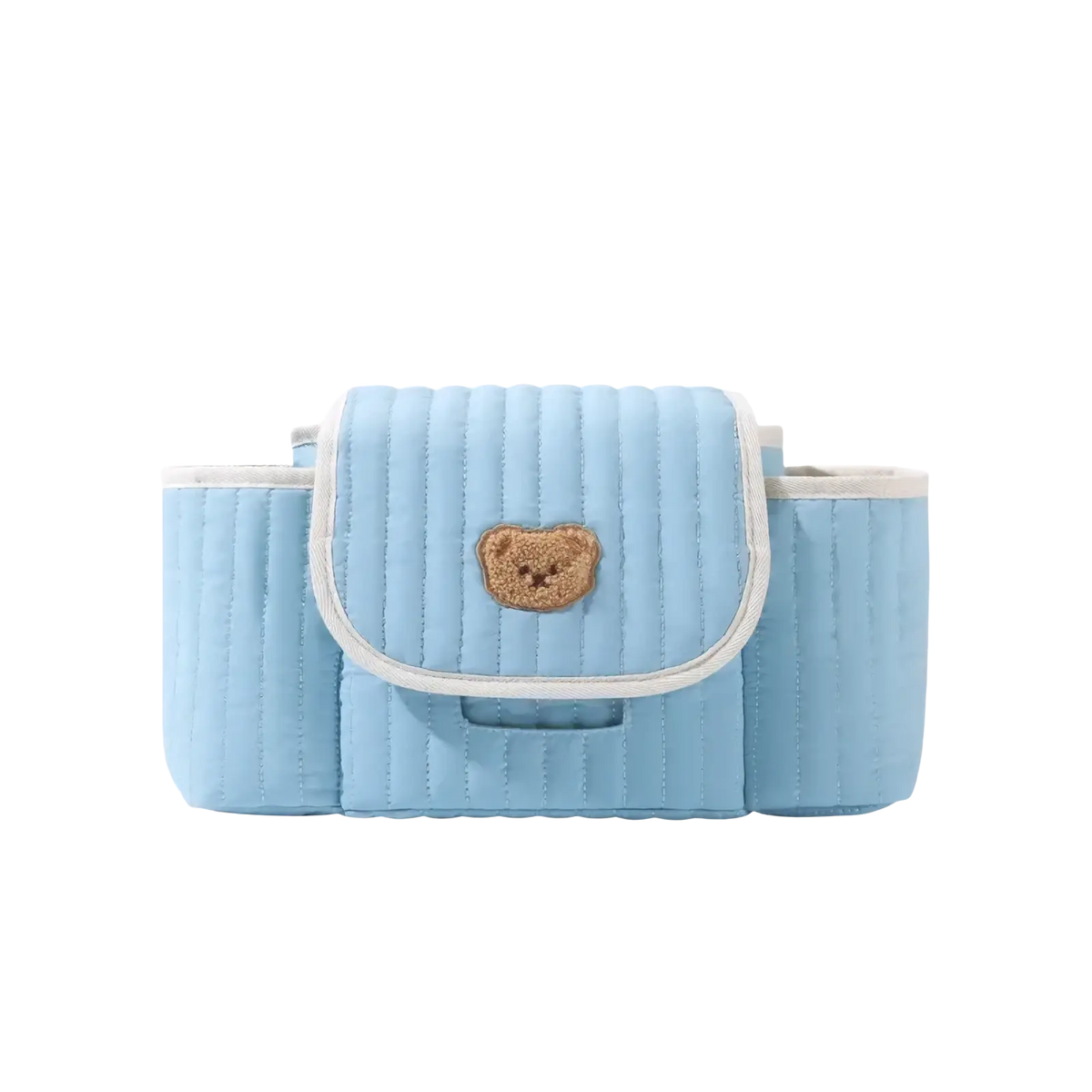 Light blue quilted baby changing bag with beige teddy bear appliqué front flap for stroller organization