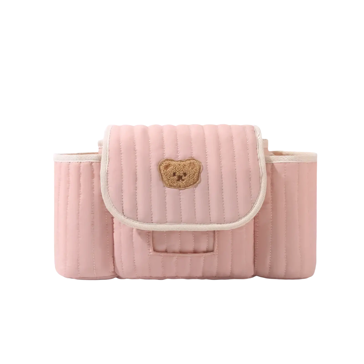 Pink quilted baby changing pad with tan embroidered bear face on flap in quilted bear stroller organizer bag