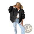 Black quilted bomber jacket with silver buttons and ribbed cuffs designed for casual outerwear use
