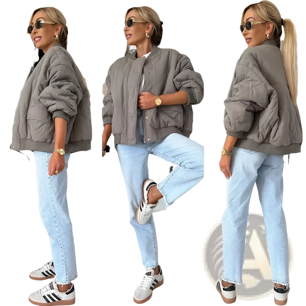 Gray quilted bomber jacket with ribbed cuffs and hem designed as casual outerwear for everyday use