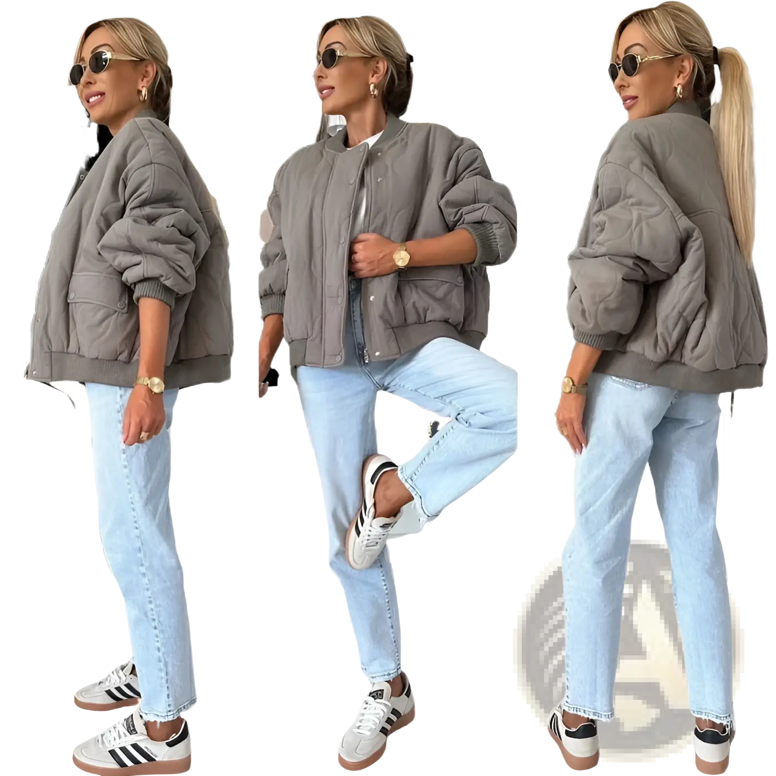 Gray quilted bomber jacket with ribbed cuffs and hem designed as casual outerwear for everyday use