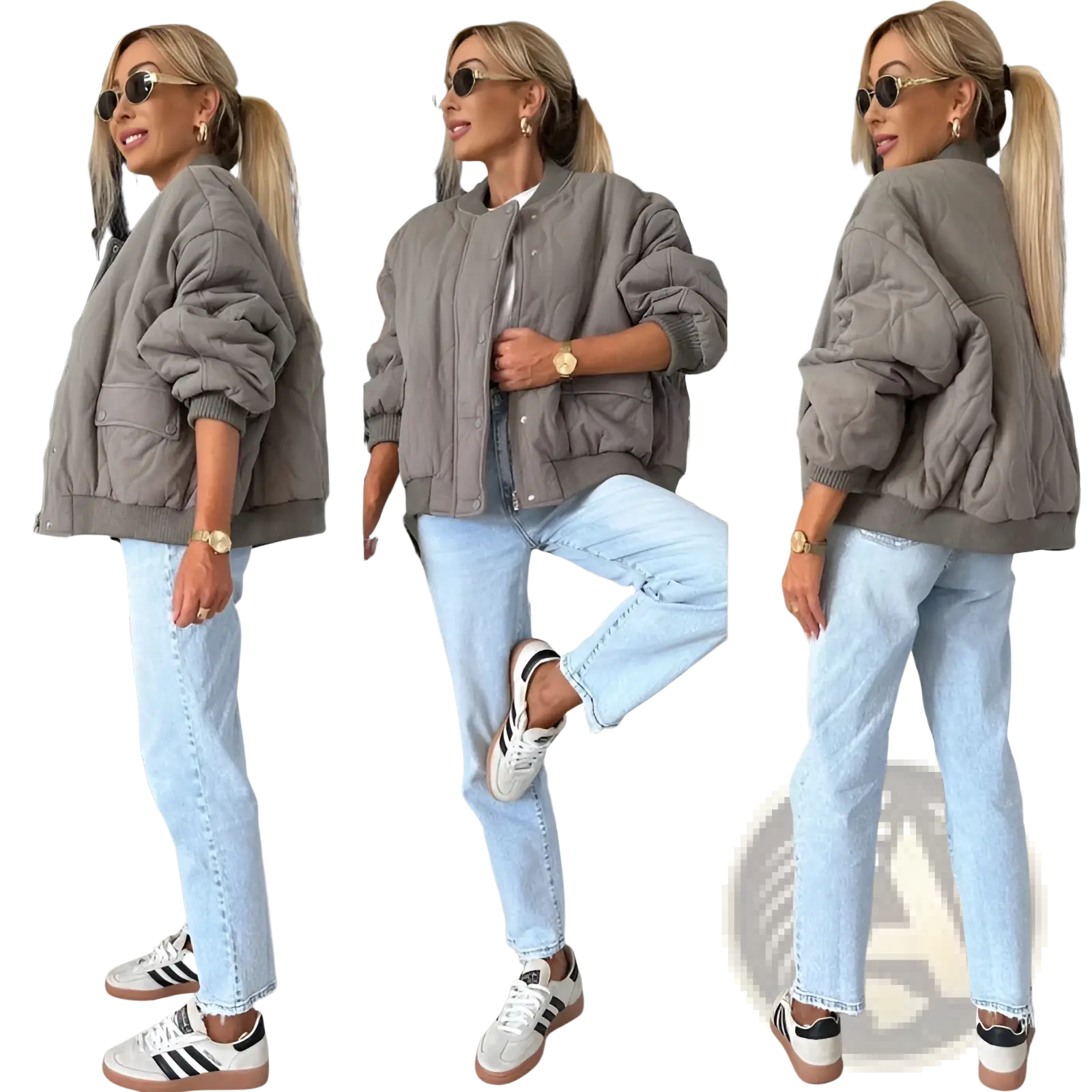 Gray quilted bomber jacket with ribbed cuffs and hem made for casual outerwear use