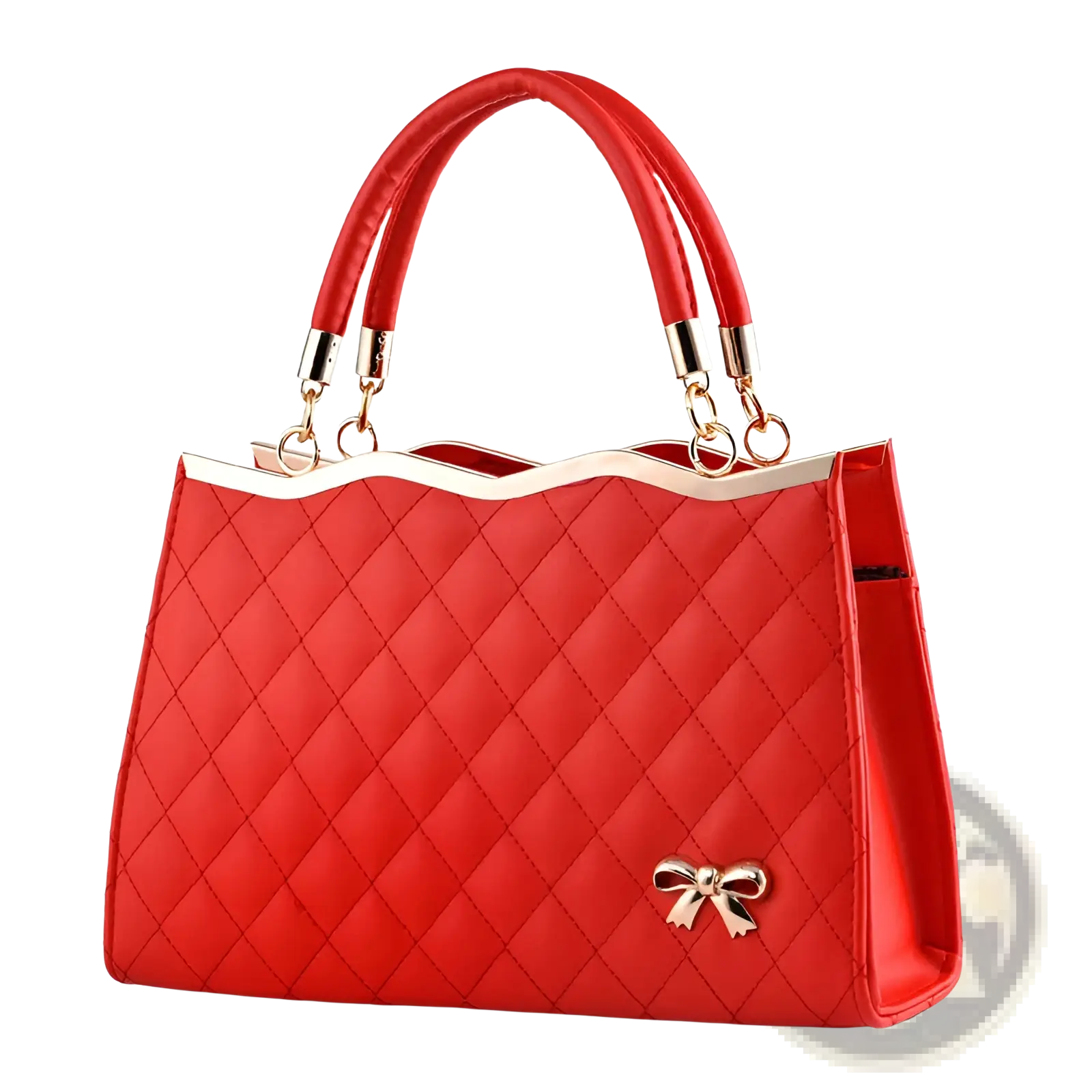 Red quilted crossbody handbag with gold hardware featuring a bow and gold-tone handles