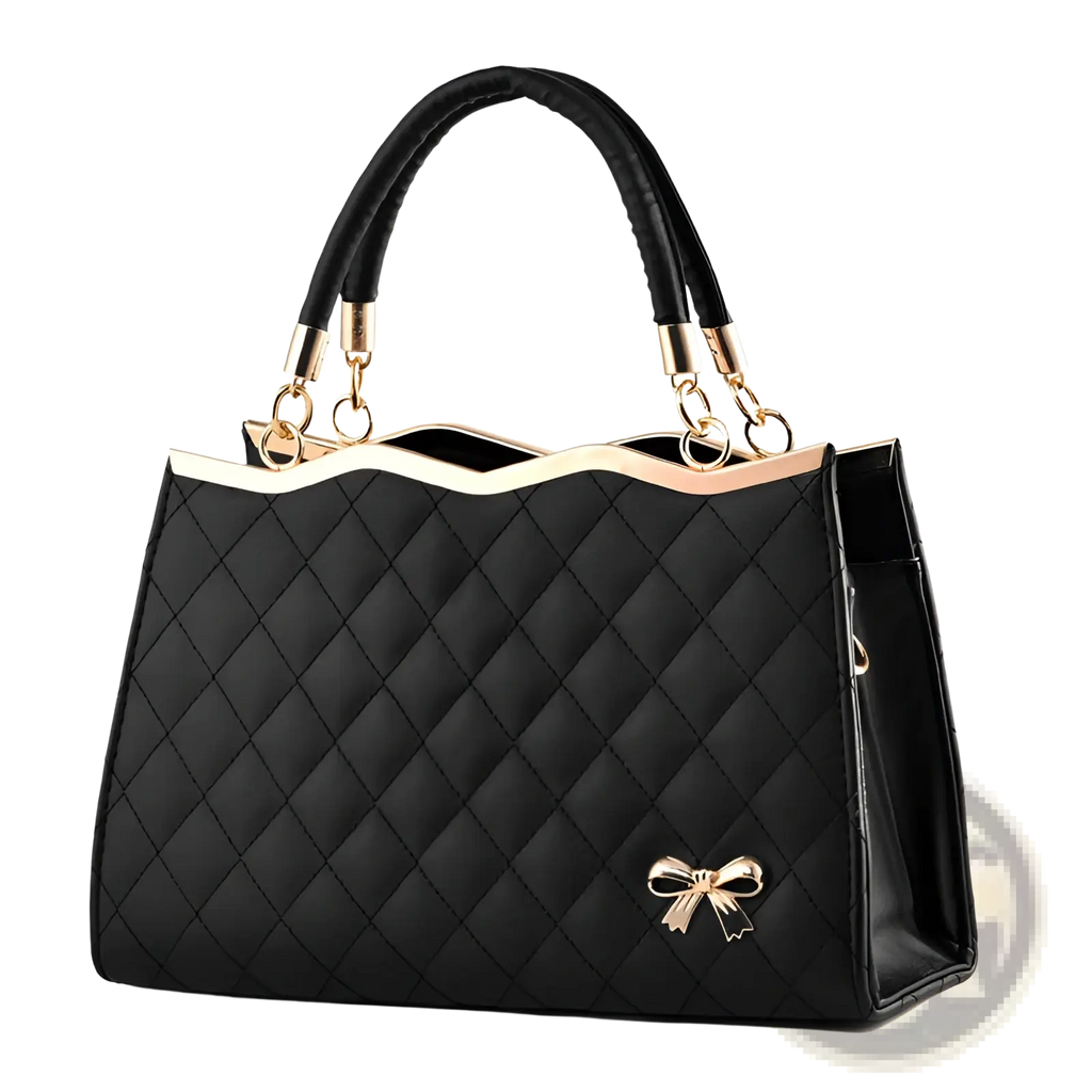 Black quilted crossbody handbag with gold-tone hardware and decorative bow detail for elegant everyday use