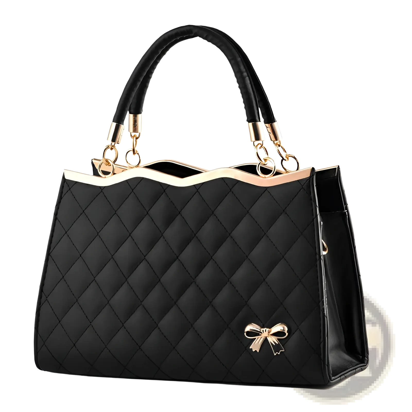 Black quilted crossbody handbag with gold-tone hardware and decorative bow detail for elegant everyday use