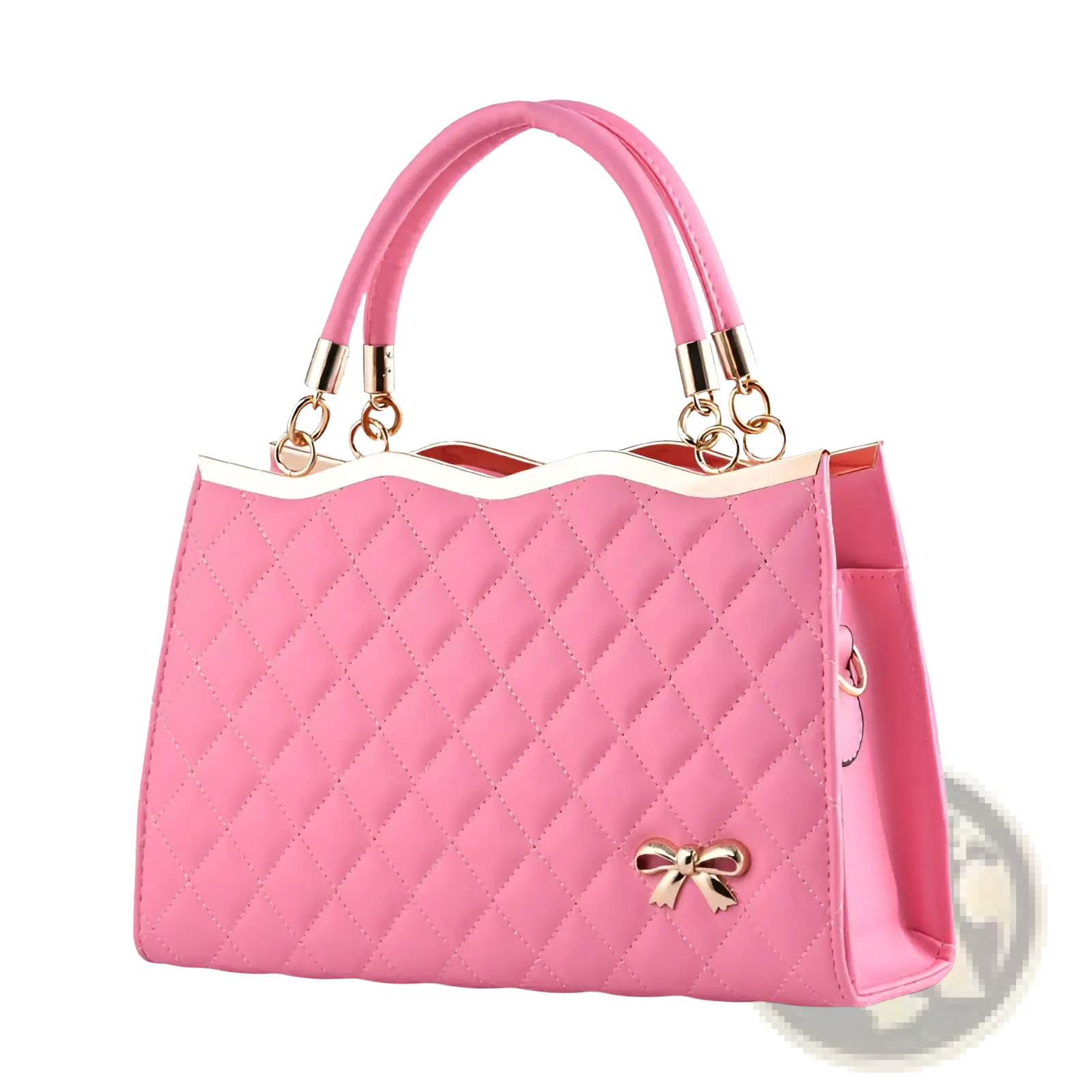 Pink quilted crossbody handbag with gold-tone bow and handles featuring gold hardware accents