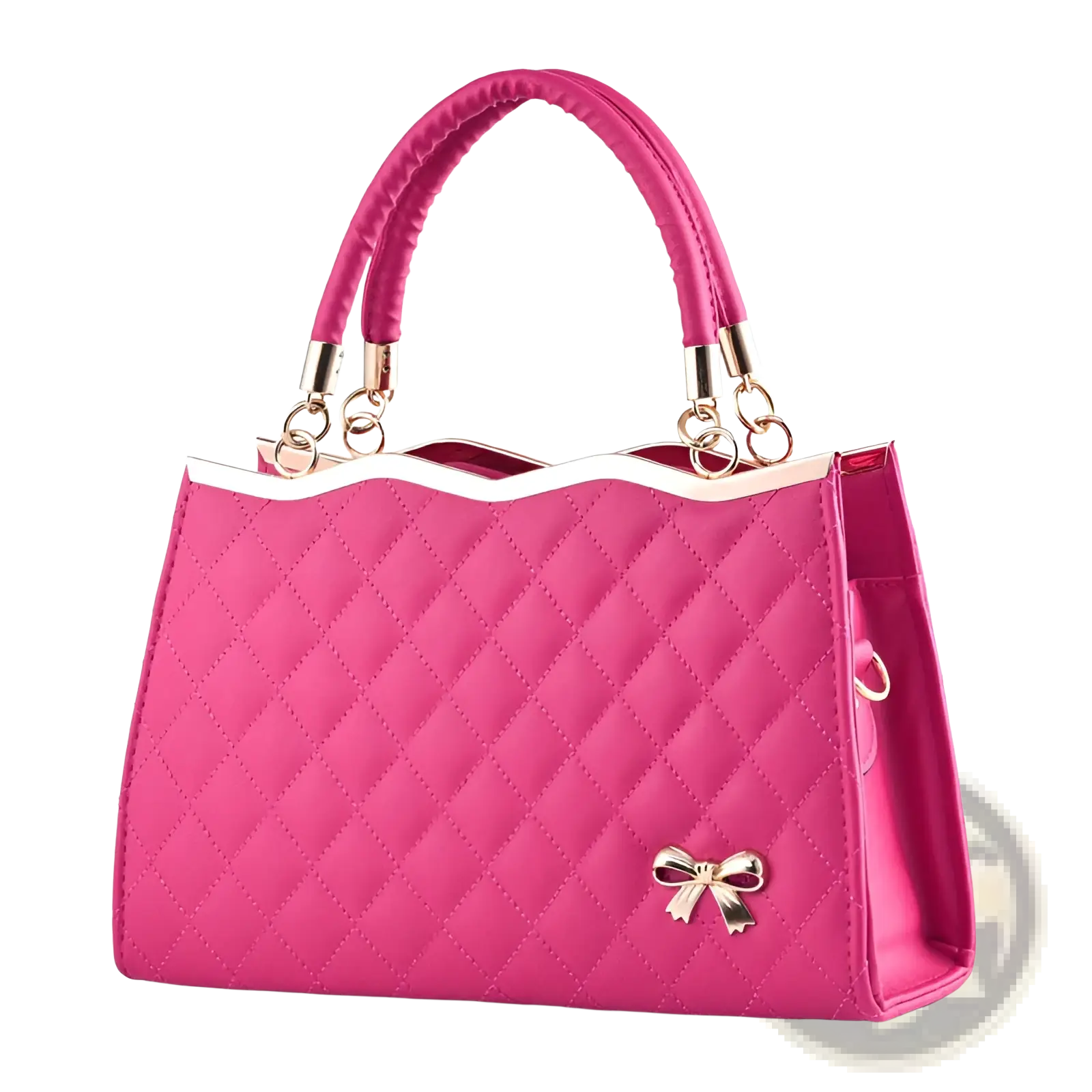 A vibrant fuchsia quilted crossbody handbag with gold-tone hardware and a decorative bow accent
