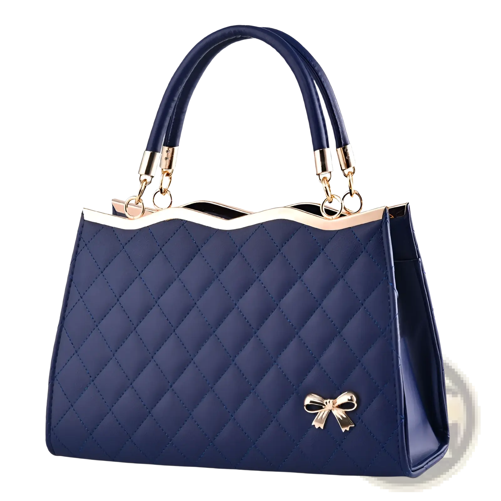 Deep navy quilted bow crossbody handbag with gold-tone hardware and decorative bow accent in elegant design