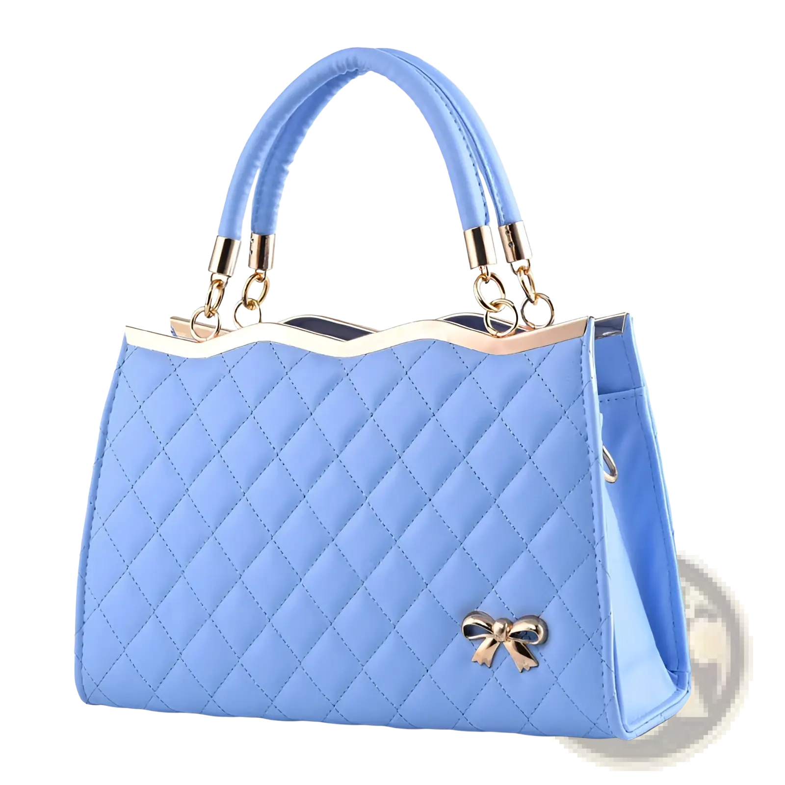 Light blue quilted crossbody handbag with gold-tone bow and handles featuring gold hardware accents