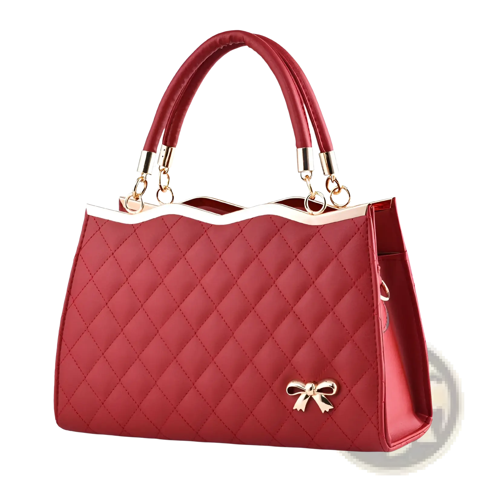 Red quilted crossbody handbag with gold-tone bow accent and matching handles featuring gold hardware