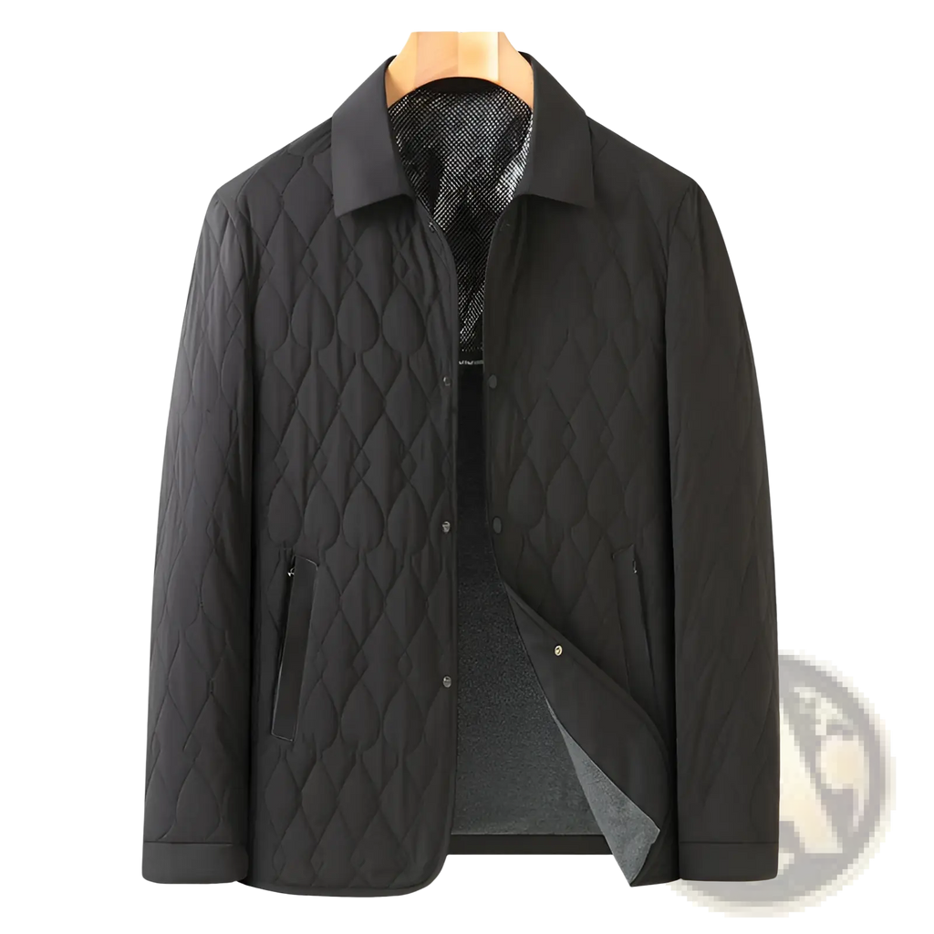 Black quilted business jacket with lightweight diamond lattice pattern and mesh-lined collar for professional wear